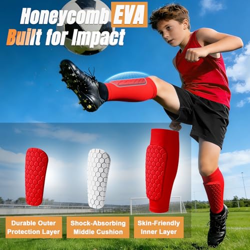 XZQTIVE Soccer Shin Guards Shin Defender for Kids Youth Adult, Ski Shin Guard Calf Compression Sleeve with Honeycomb Shin Pads - color: red, size: Small