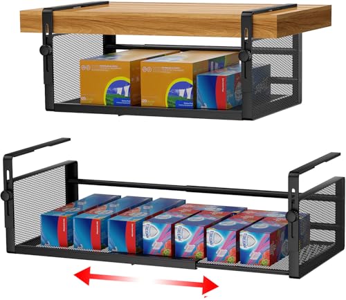 AmonHouseware 2Pack Expandable Under Shelf Storage Basket Organizer,Black | Adjustable Hanging,Length Stretchable14.9-22.6Inch,Under Cabinet Shelf for Laundry Room Kitchen Pantry Desk Counter Cupboard - color: Black