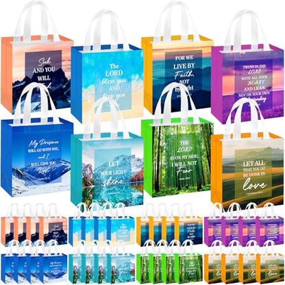 HunnmingRe 32 Pcs Christian Gift Bags Bulk,Reusable Scene Religious Bible Verse Tote with Handles Non Woven Scripture Pastor Blessing Gift for Baptism Church Wedding Favors - style: Scene