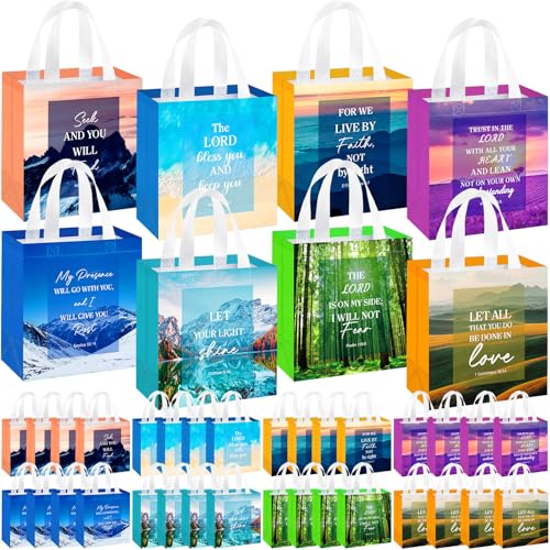 HunnmingRe 32 Pcs Christian Gift Bags Bulk,Reusable Scene Religious Bible Verse Tote with Handles Non Woven Scripture Pastor Blessing Gift for Baptism Church Wedding Favors - style: Scene