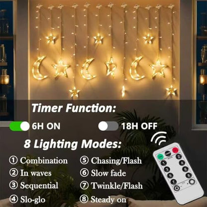 138 LED Star Moon String Lights, Warm White Fairy String Lights with 12 Hooks, Twinkle Battery Operated Lights with Remote, 8 Modes for Bedroom, Ramadan Decoration