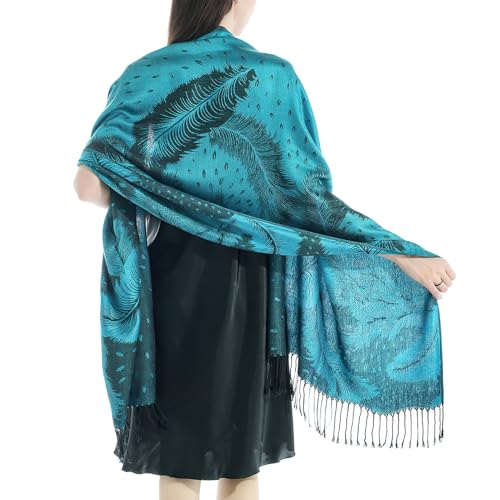 Reversible Paisley Pashmina Rave Scarf Shawl-Soft Silky Pashmina Wraps for Women Evening Dresses - color: D#.turquoise