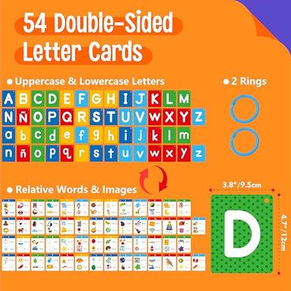 54 Spanish Alphabet Flash Cards, Uppercase & Lowercase Letter Cards, Jumbo Size Letter Sounds Flashcards, Letter Recognition Learning for Kids, Toddlers, Classroom, Preschool, Kindergarten - style: Spanish