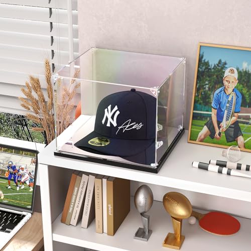 KOLIPI Hat Display Case for Baseball Caps, Acrylic Box 8.7x7.9x7.1 in | Baseball Cap Display Case for Snapback Hats Mini Helmets, Mirror Base, Dustproof, Stable and Stackable, Assembly Required - size: 8.7x7.9x7.1 inches