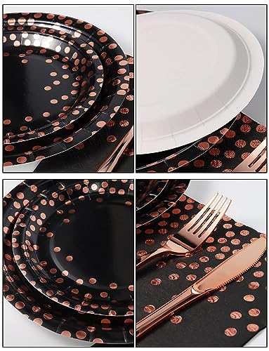 Nkaiso 141Pcs Black Rose Gold Paper Plates and Napkins Party Supplies for20 - color: Black and Rose Gold