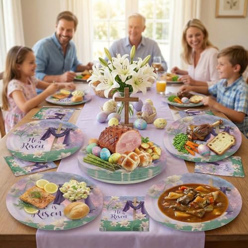 Dereinwo 50 Pcs Easter Large 12" x 10" Oval Paper Plates and Napkins Disposable Heavy Duty Paper Plates and Napkins for Easter Party Supplies - style: Easter