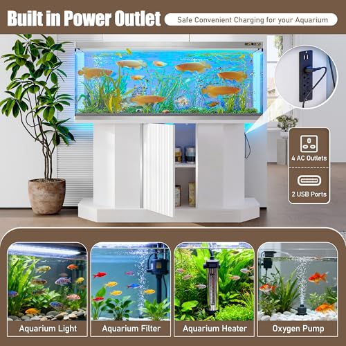 55-75 Gallon Fish Tank Stand with 4AC 2USB Outlet, Heavy Duty Aquarium Cabinet, 880LBS Capacity for Turtle Tank Reptile Terrarium, White - color: White, size: 47.64"L x 14.17"W x 28.7"H