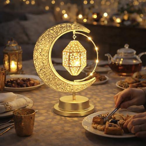 Lifnatty Ramadan Moon Lamp Decorations, Crescent Moon with Ramadan Lantern, Rotating Ramadan Table Lamp, Ramadan Decorations for Home, Eid Mubarak Decorations, Battery Operated Metal Eid Gifts