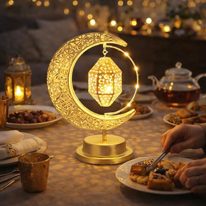 Lifnatty Ramadan Moon Lamp Decorations, Crescent Moon with Ramadan Lantern, Rotating Ramadan Table Lamp, Ramadan Decorations for Home, Eid Mubarak Decorations, Battery Operated Metal Eid Gifts