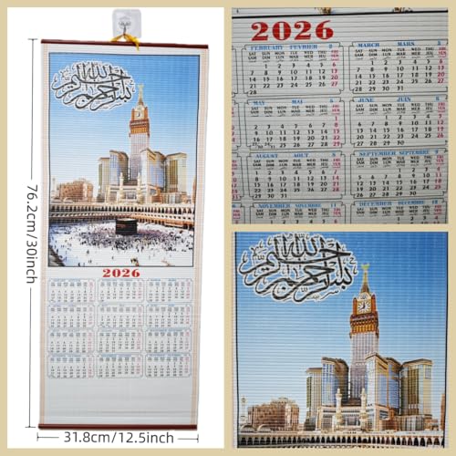 KYMY 2026 Arabic Wall Scroll Calendar, English French Arabic Muslim Multilingual Hanging Calendar, Islamic Mosque Imitation Rattan Wall Decor for New Year Home Office Door Decoration