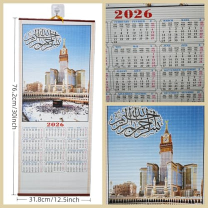 KYMY 2026 Arabic Wall Scroll Calendar, English French Arabic Muslim Multilingual Hanging Calendar, Islamic Mosque Imitation Rattan Wall Decor for New Year Home Office Door Decoration
