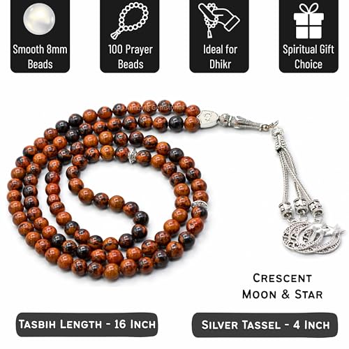 Amazing Gemstone Mahogany Obsidian Tasbeeh with Moon and Star Charm - Certified Crystal Muslim Prayer Beads Natural Gemstone Tasbih Gift for Ramadan Dhikr and Daily Namaz (S) - color: Mahogany Obsidian