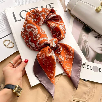Sumolux Head Hair Scarf for Women Like Satin Silk Scarf Bandana Hair Wrapping Night Large Square Scarves 27.5" - color: Brick Red Cashew Nuts
