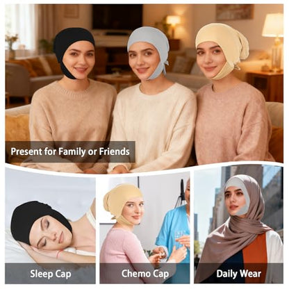 XEPST 3 PCS Hijab Undercap for Women, Islamic Muslim Full Cover Under Hijabcap Milk Silk Fabric Hijab Underscarf Solid Color Adjustable Tie Back Inner Head Scarf Turbans for Women Chemo Cap, C