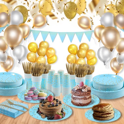 Blue and Gold Party Supplies 145PCS Golden Dot Disposable Party Dinnerware Includes Paper Plates, Napkins, Knives, Forks, Cups, Banner, for Baby Shower, Boy Birthday, Serves 24 - color: Blue Gold (Serves 24)