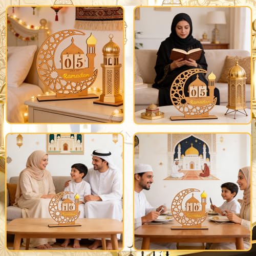 DPKOW Wooden Ramadan Advent Calendar Gifts Ramadan Decorations for Home, Crescent Mosque Countdown Calendar with Number Plates for Islamic Muslim Party Table Decor Moon Tabletop Decorations for Home