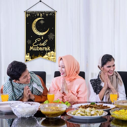 Ramadan EID Mubarak Hanging Door Sign EID Decorative Hanging Sign Party Decorations Black Gold Moon Lantern Banner for Ramadan Kareem Eid Al-Adha Sign Home Decor Happy EID Ramadan Party Supplies Favor - style: Eid Mubarak