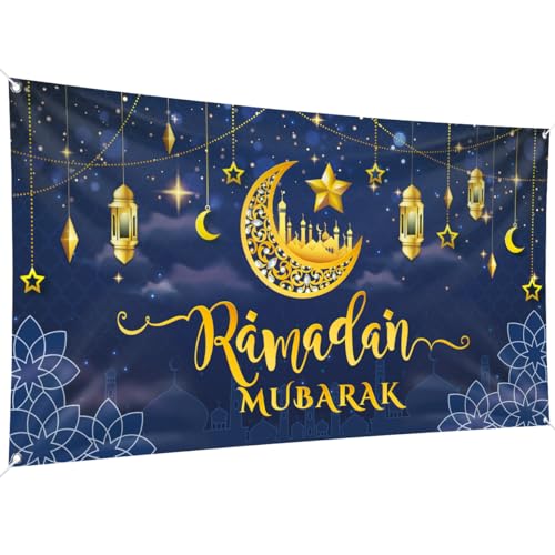 Ramadan Mubarak Banner, Large Fabric Muslim Ramadan Kareem Backdrop Decorations, Ramadan Sign Photo Booth Backdrop Background for Muslim Ramadan Party Supplies, 78 x 43INCH