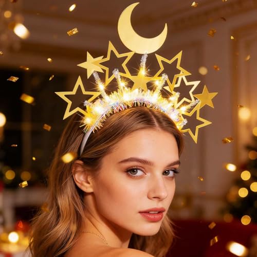 Yean Light Up Gold Moon Star Headband for Women (Gold-Warm Light, One Size) | New Years Star Headband Costume Party Hair Accessories