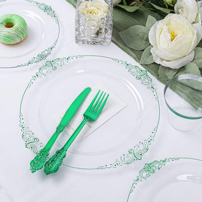 Hioasis 175pcs Clear and Green Plates - Green Party Plates for 25 Guest, Include 50 Heavy-duty Plates(20% Thicker Than Standard), 25 Pre Rolled Gold Plastic Silverware Set, 25 Cups - color: Clear and Green