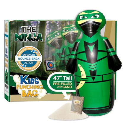 INFLATABLE DUDES Green Ninja Toy 47” - Kids Punching Bag | Sand-Base | Bop Bag, Pre-filled with Sand, Inflatable Toy, Punching Bag for Kids, Enhanced Bounce-Back Action, Indoor/Outdoor - color: Green Archer Standard Ninja | Pre-filled with Sand