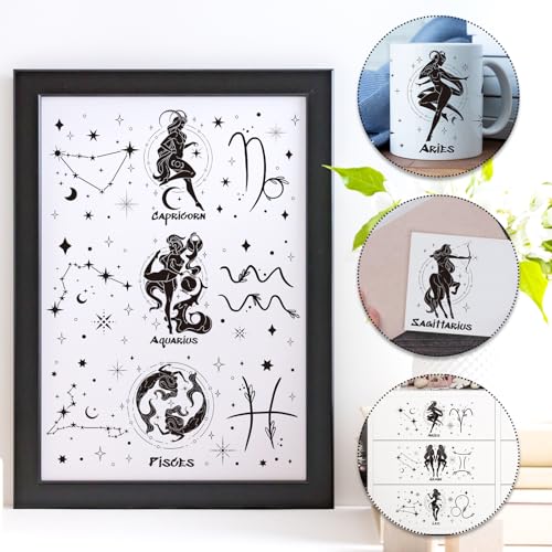 Rngmsi Constellation UV DTF Cup Wraps - 12 Sheets Twelve Zodiac Signs Uvdtf Decals for 16 oz Glass Cups, Black Astrology UV Transfer Stickers, Waterproof Rub on Transfer for Water Bottle DIY Crafts - style: Twelve Zodiac Signs