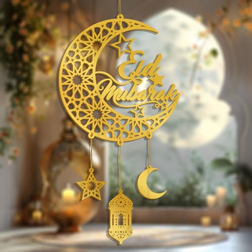 FUNCATCHER Ramadan Decorations for Home - 8.5x8.5 Inch Golden Acrylic Crescent Moon Hanging Ornaments, Islamic Eid Wall Door Decor (1, B)