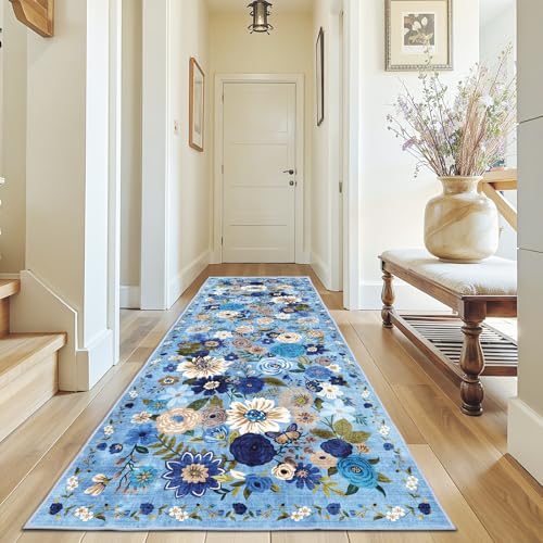 Blue Floral Hallway Runner Rug 3x7 for Bedroom Kitchen - color: Blue, size: 3' x 7' (Rectangular)