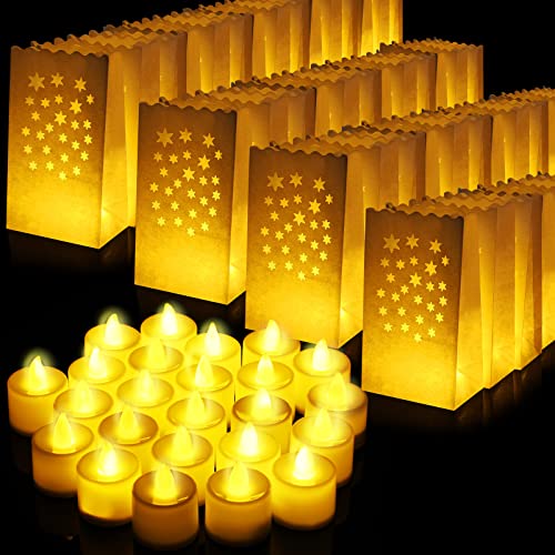 Sabary 50 Sets Luminary Bags with Flameless Tea Lights Outdoor Luminaries LED Lantern Candle Bags for Wedding Birthday Ramadan Christmas Party Decorations Romantic Decor(Star) - style: Star