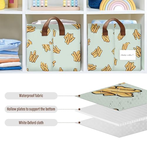 Ollabaky Collapsible Rectangular Closet Storage Bin French Fries Food Pattern Shelf Basket Box with Leather Handles - Storage Cube, Nursery Storage, Laundry Hamper