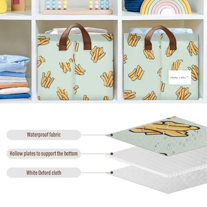 Ollabaky Collapsible Rectangular Closet Storage Bin French Fries Food Pattern Shelf Basket Box with Leather Handles - Storage Cube, Nursery Storage, Laundry Hamper