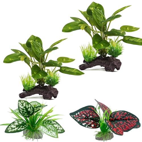 Moonorange Reptile Artificial Plants, Terrarium Plants Decorations Supplies, Aquarium Fish Tank Plant, Amphibian Habitat Hideout Tank Accessories(M Set-4pcs/E) - color: M Set-e