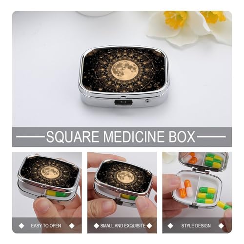 Mandala Moon Square Pill Box Metal 2.2x1.6 Inch,Medicine Storage Case Compact Travel Pill Organizer Pocket Pill Container for Daily Medication Vitamins Pills - color: Mandala Moon