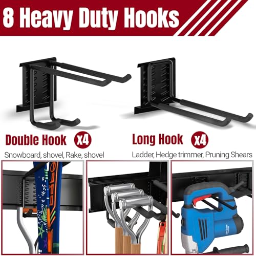 66" Garage Tool Organizer Wall Mount,20 PCS Wall Mounted Garden Tool Storage Rack Carries 720lbs, 4-Panel Steel Tool Hanger System for Shovels Rakes Brooms – Fits 16" Wall Studs - size: 66" | 4 Panels+12 Hooks+4 Straps