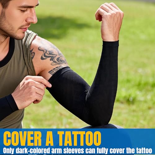 PFFY 4 Pairs UV Protection Arm Sleeves Cooling Compression Sleeve for Men Women Sports Tattoo Cover Up - color: Black*2 + Grey*2