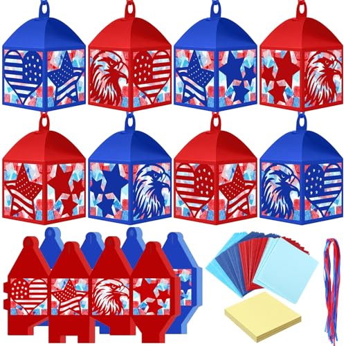 Maitys 16 Sets 4th of July Patriotic Hanging Paper Lantern Craft Kit, 250th Anniversary Red White Blue DIY Lantern Decorations with Eagle Star Flag Designs for Independence Day Party Decor - style: Independence Day