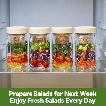 4 Pack Glass Salad Pod Mason Jar with Dressing Cup, 32 oz Salad Container to Go with Lids Meal Food Prep for Adults Lunch, Large Travel Mason Jar Bowl with 2 Insert Dressing & Topping Holder - color: 4 White Salad Jars (Not Side Open Design)