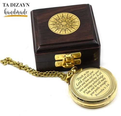 Trust in The Lord With All Your Heart - Proverbs 3:5-6 Quote Engraved Compass With Wooden Box, Greeting Card, Gift Compass, Graduation Day Gifts 2024 for Women Men Boys Girls - style: #11 Trust in The Lord Compass -Proverbs 3: 5-6