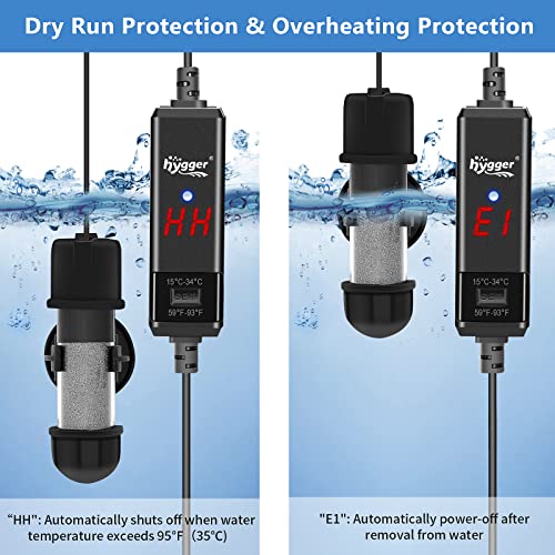 hygger Small Aquarium Betta Heater, Submersible Fish Tank Heater 10W/25W/50W/100W with LED Digital Display, Suitable for Marine Saltwater and Freshwater up to 5/10/16/26 Gallon - size: 50W