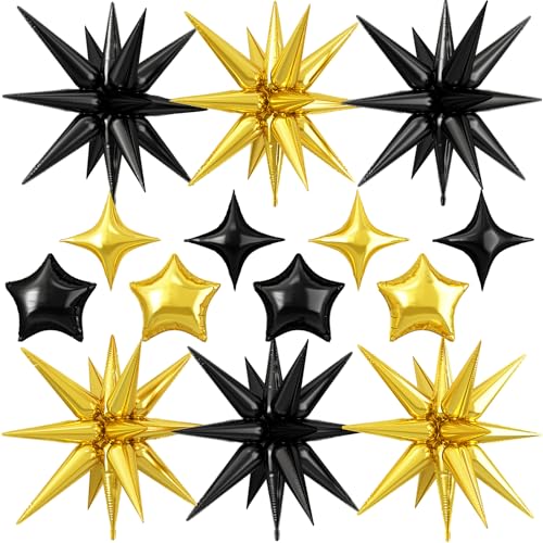14PCS Black Gold Star Balloons, 22Inch Explosion Stars & 10Inch Foil Ballon - color: Black Gold