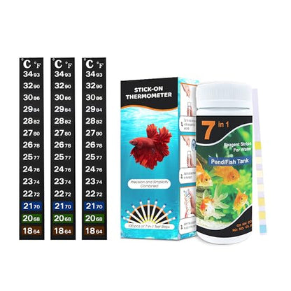 SunGrow Test Kit for Aquarium, Accurate Water Quality Monitoring, Essential Tool for Fish Keepers and Tank Maintenance, 1 Bottle with 100 Strips & 3-Piece Sticker Thermometer, 1 Set Per Pack - size: 100 Strips + 3 Thermometers