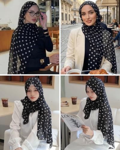 ZGMYC Watercolour Floral Printed Hijab Scarf for Women Soft Modal Cotton Instant Hijab Head Wraps Shawls Long Scarves - color: Black Polka Dot