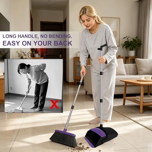 Broom and Dustpan Set, Upright Purple Broom with Dustpan Combo Set 51" Long Handle, Self Cleaning Dust Pan for Home, Kitchen and Office - color: Purple, size: Standard