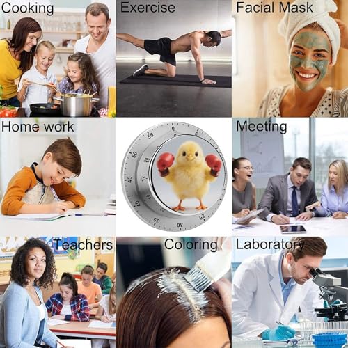 60 Minute Visual Wind Up Timer, Mechanical Kitchen Timer with Magnetic Base & Loud Alarm, Battery-Free Manual Cute Yellow Boxing Chick Countdown Clock for Focus Cooking Studying Gaming Classroom