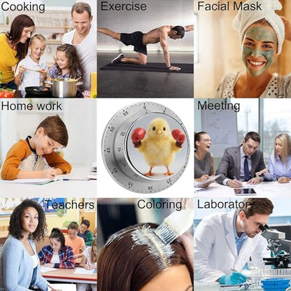 60 Minute Visual Wind Up Timer, Mechanical Kitchen Timer with Magnetic Base & Loud Alarm, Battery-Free Manual Cute Yellow Boxing Chick Countdown Clock for Focus Cooking Studying Gaming Classroom