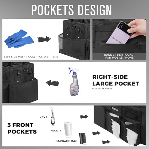 SCAVATA Wearable Cleaning Caddy Bag, Supplies Organizer with Handle & Shoulder Straps for Housekeepers, Under Sink & Car Cleaning Tool Organizer with 4 Foldable Dividers (Black) - color: Black