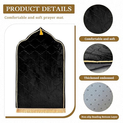 Muslim Prayer Rug with Tasbih Prayer Beads, Extra Thick Padded Non-Slip Islamic Prayer Matt,Turkish Praying Carpet Ottoman Blankets Ramadan Gift for Ramadan, Eid, Hajj, Travel, Pray （Black） - color: Black