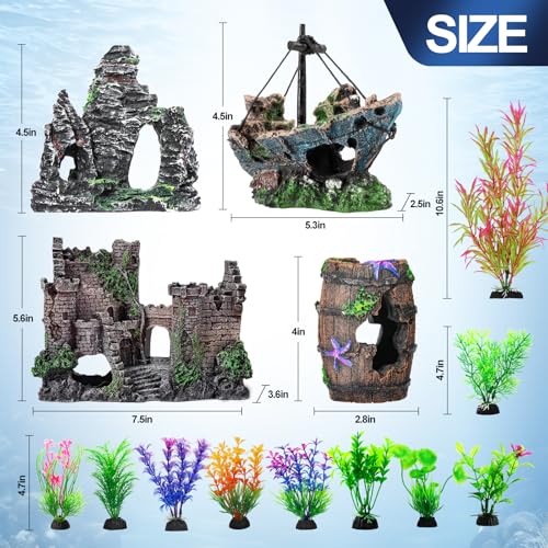 CousDUoBe 14 Pcs Aquarium Decorations Large Kit，Castle Fish Tank Bubbler Decorations，Starfish Barrel, Resin Cave Rock,Resin Material Sunken Ship,Aquarium Plants Large Fish Bowl Ornaments