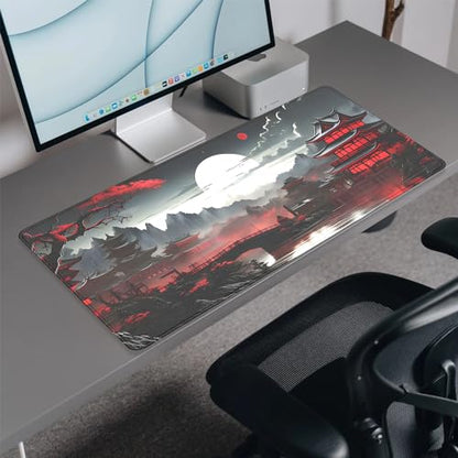 Japanese Riverside Full Moon Desk Pad Mouse Pad,Extended Large Gaming Mouse Mat with Stitched Edges,Non-Slip Waterproof Rubber Base Mousepad for Office Work Home Desk Mat(27.5X11.8 in) - color: Japanese Sunset