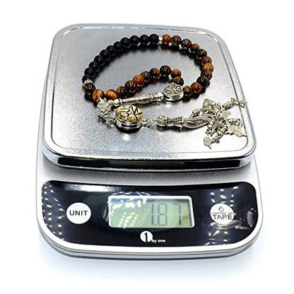 Design -Tiger Eye Stone Series Worry Beads - Prayer Beads (8 mm-33 Beads) Tesbih-Tasbih-Tasbeeh-Misbaha-Masbaha-Subha-Sebha-Sibha-Rosary (Model 2 - Cream Allah&Muhammed Snap Button) - color: Model 2 - Cream Allah&Muhammed Snap Button